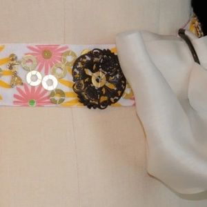 Fletcher Artworks, LLC Floral Time Piece Hand Beaded Belt in white.